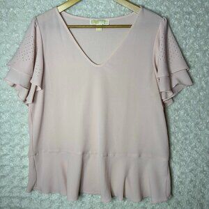 Michael Kors Pink Ruffle Sleeve Top Laser‎ Cutout Blouse Size L